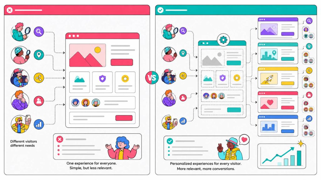 Comparison visual showing one static landing page for all visitors versus dynamic pages personalized by intent, location, source, and segment.