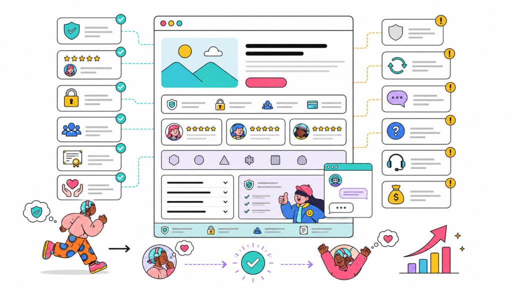 Visual showing testimonials, reviews, security badges, privacy signals, FAQs, live chat, and guarantees that help improve website conversions.