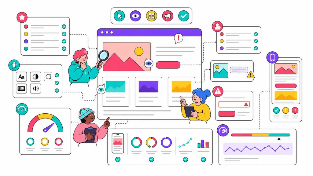 Visual showing a UX audit review of usability principles, accessibility, visual hierarchy, CTA clarity, mobile performance, and page speed.