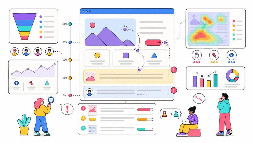 Visual showing website analytics, scroll depth, click patterns, drop-off points, and optimization opportunities for improving conversion rate.