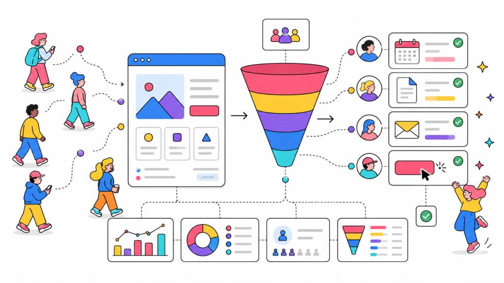 Educational visual explaining website conversion rate with visitors moving through a funnel toward signups, downloads, calls, and CTA clicks.