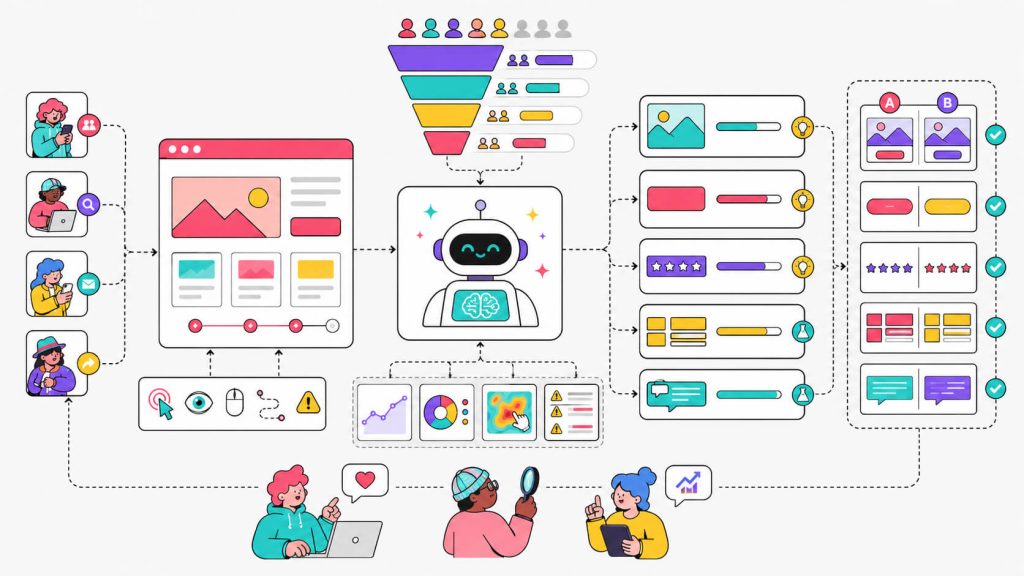 Educational visual explaining AI CRO with funnel analysis, user behavior signals, predictive insights, prioritized fixes, and conversion opportunities.