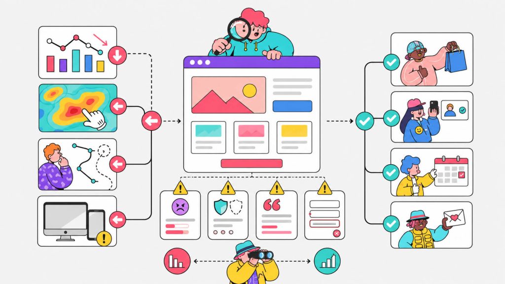 Educational visual explaining a CRO audit as a structured website review that identifies friction points, UX issues, trust gaps, and copy problems.
