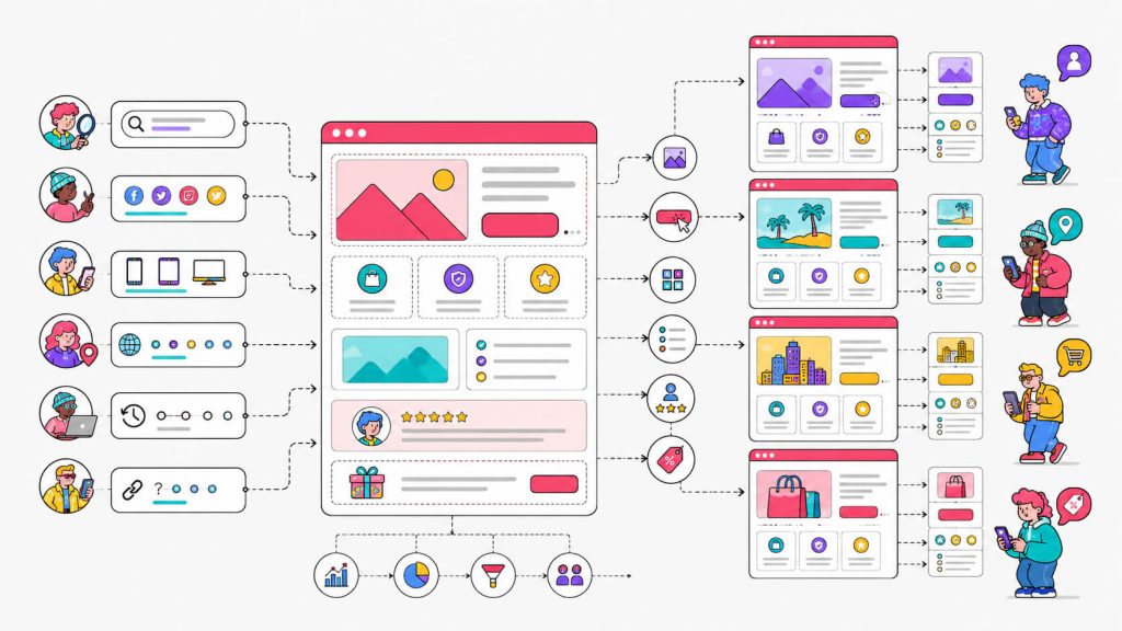 Educational visual explaining how a dynamic landing page adapts headlines, CTAs, images, testimonials, and offers based on visitor context.