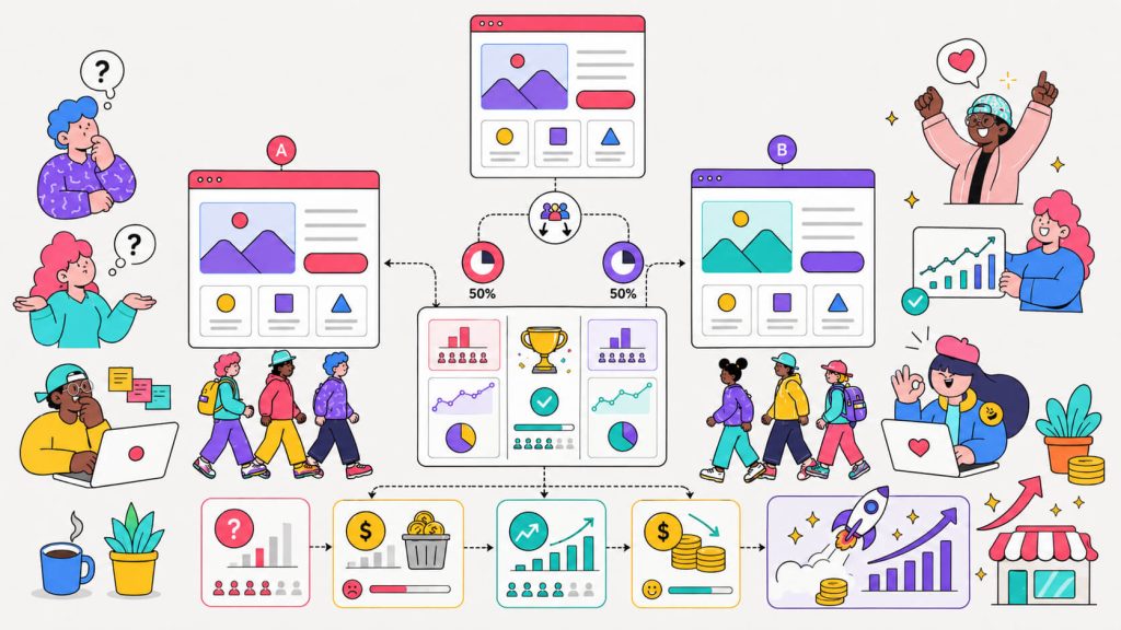 Visual showing how A/B testing helps SMBs improve conversions, reduce guesswork, and grow faster with data-driven website decisions.