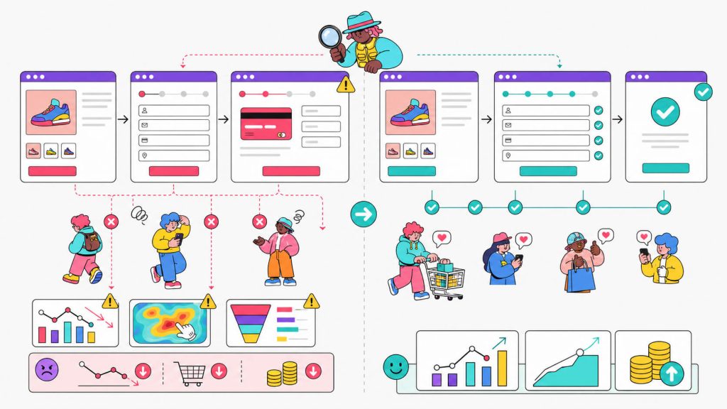 Visual showing how a CRO audit uncovers hidden conversion blockers in forms, checkout flows, and website experiences to improve conversion rates.