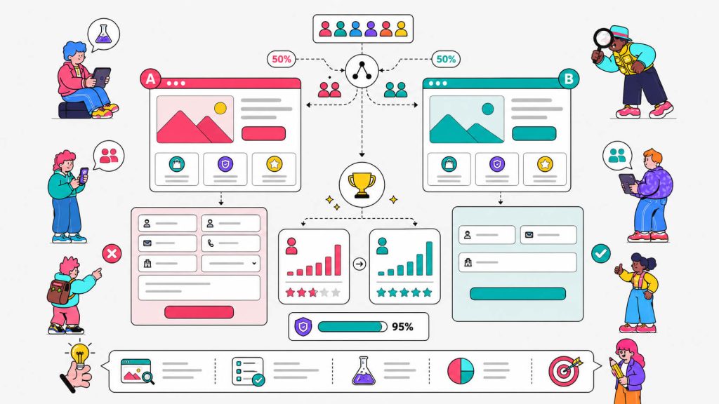 Visual showing A/B testing, landing page variants, traffic split, form field reduction, lead quality signals, and conversion results.