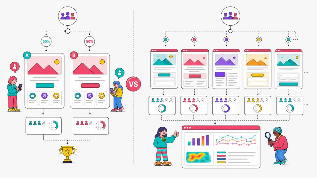 Comparison visual showing A/B testing with one isolated change versus multivariate testing with multiple elements and variant combinations.