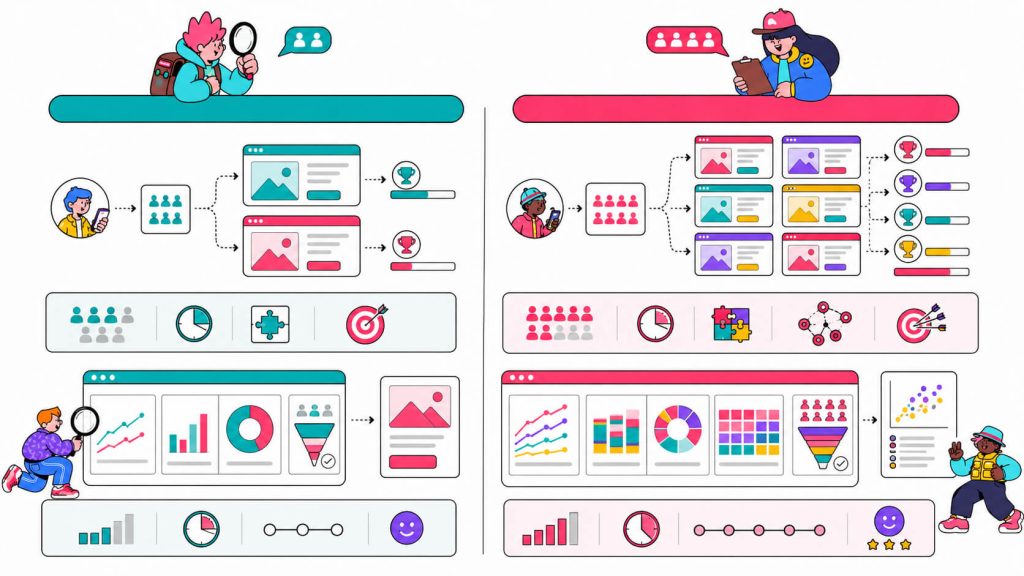 Comparison visual showing A/B testing versus multivariate testing across variables, traffic needs, test duration, complexity, and insight type.