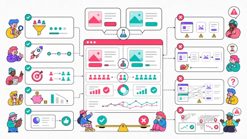 Comparison visual showing A/B testing benefits such as low traffic needs and clean attribution, plus limits like one-variable testing and no interaction insights.