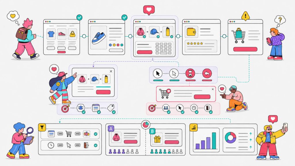 Visual showing page-specific offers and predictive cart recovery triggered by visitor intent, browsing behavior, hesitation, and abandonment risk.