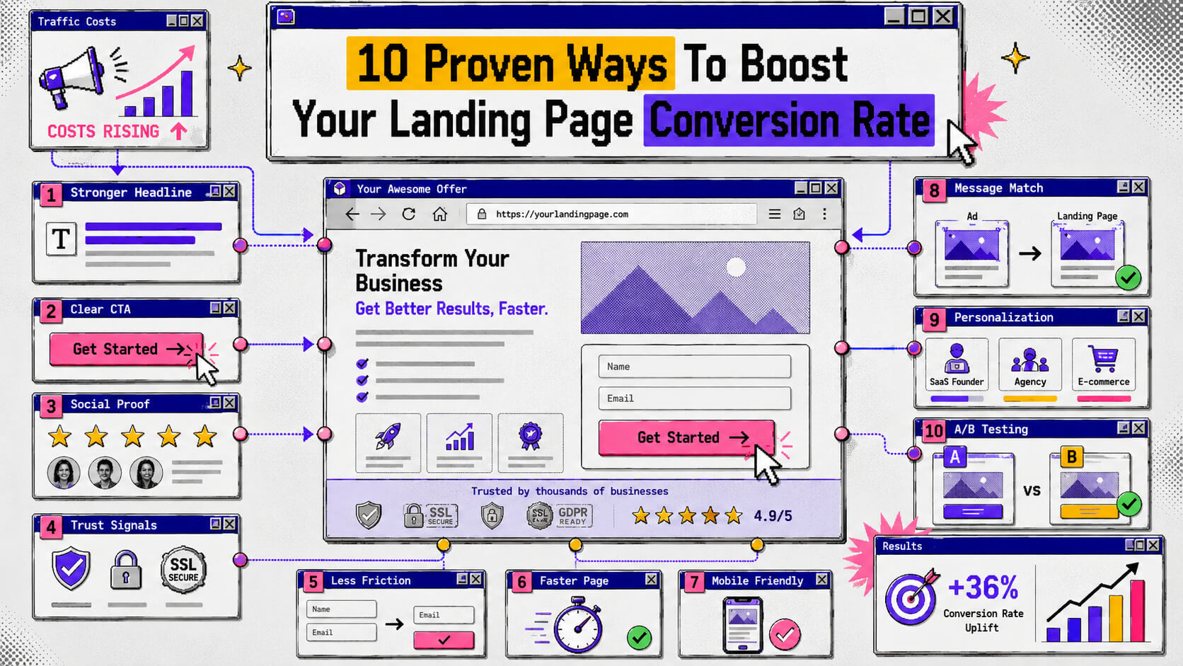 Hero visual showing landing page optimization with analytics, A/B testing, CTA performance, page speed, trust signals, and conversion growth.