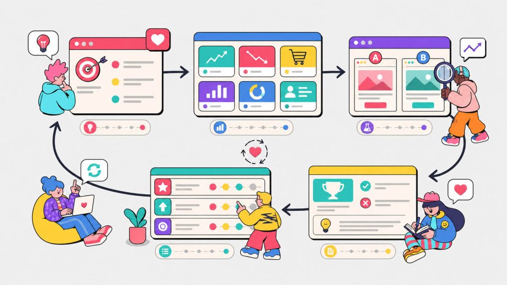 Workflow visual showing CRO hypotheses, success metrics, experiment results, documented learnings, and feedback loops into the roadmap.