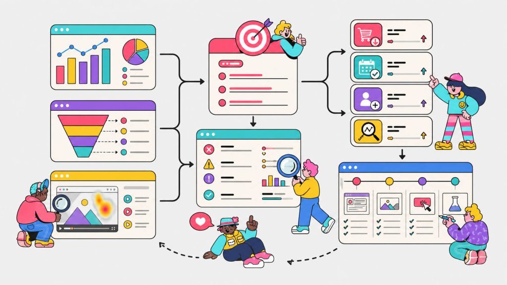 Visual showing how CRO roadmaps start with SMART business goals, funnel data, audit findings, drop-off points, and conversion opportunities.