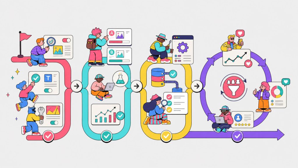 Process visual showing CRO roadmap phases including quick wins, structured testing, platform fixes, data improvements, and continuous optimization.