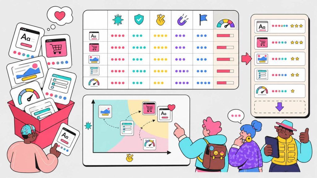 Framework visual showing how CRO test ideas are scored with ICE or PIE, ranked by impact and effort, and added to a prioritized testing backlog.