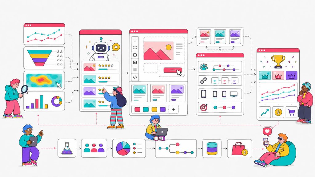Workflow visual showing CRO testing tools for analytics, test prioritization, variant creation, traffic splitting, conversion tracking, and results analysis.