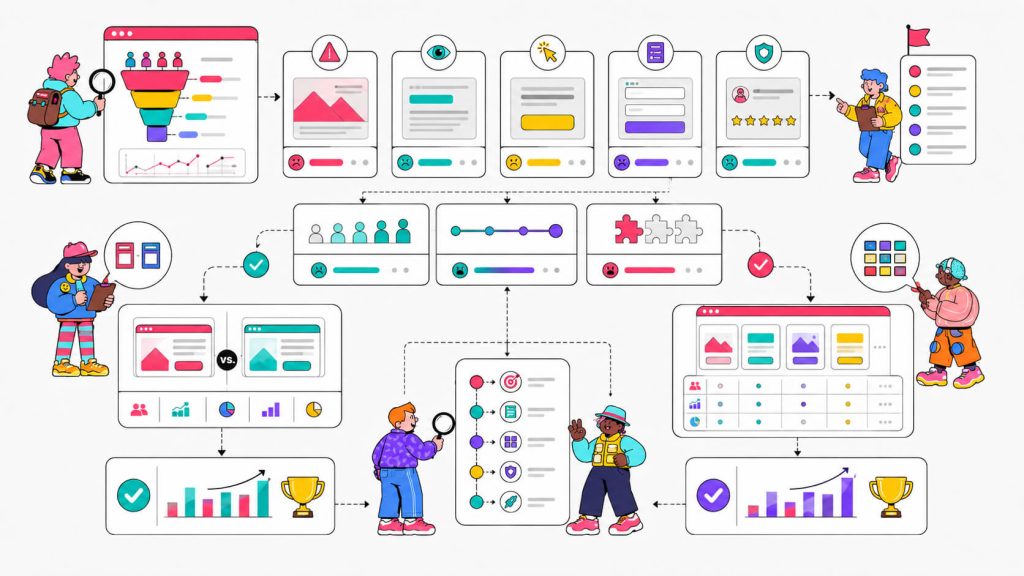 Workflow visual showing how a CRO audit helps teams choose A/B testing or multivariate testing based on traffic, complexity, and optimization goals.