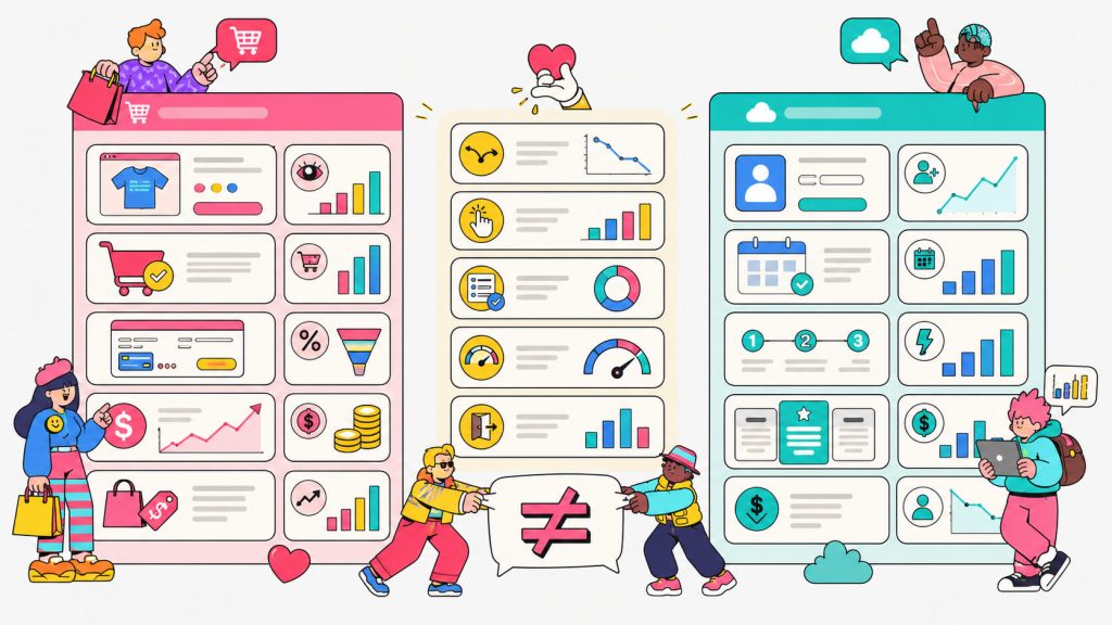 Comparison visual showing ecommerce and SaaS CRO metrics, including overlapping KPIs like conversion rate, bounce rate, form completion, and exit rate.