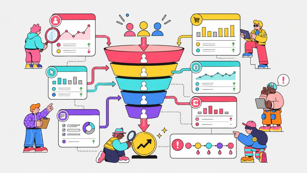Visual showing how CRO metrics work together across a funnel, connecting conversion rate, AOV, bounce rate, CTR, and revenue growth.