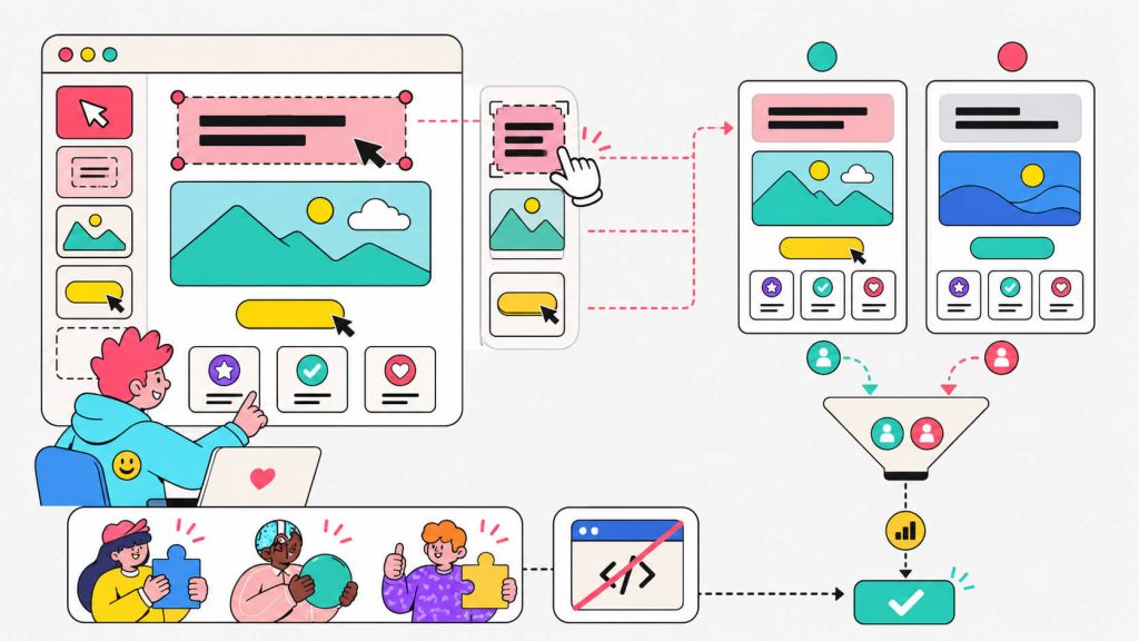 Educational visual showing marketers using a visual editor to create landing page variants, split traffic, and launch A/B tests without code.