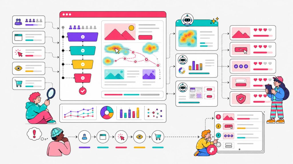Visual showing how CRO audit data, scroll depth, click behavior, drop-off points, and AI recommendations help prioritize what to test first.