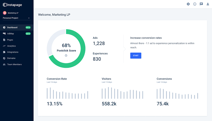 Screenshot of Instapage showing landing page personalization, A/B testing, heatmaps, analytics, and no-code optimization workflows.