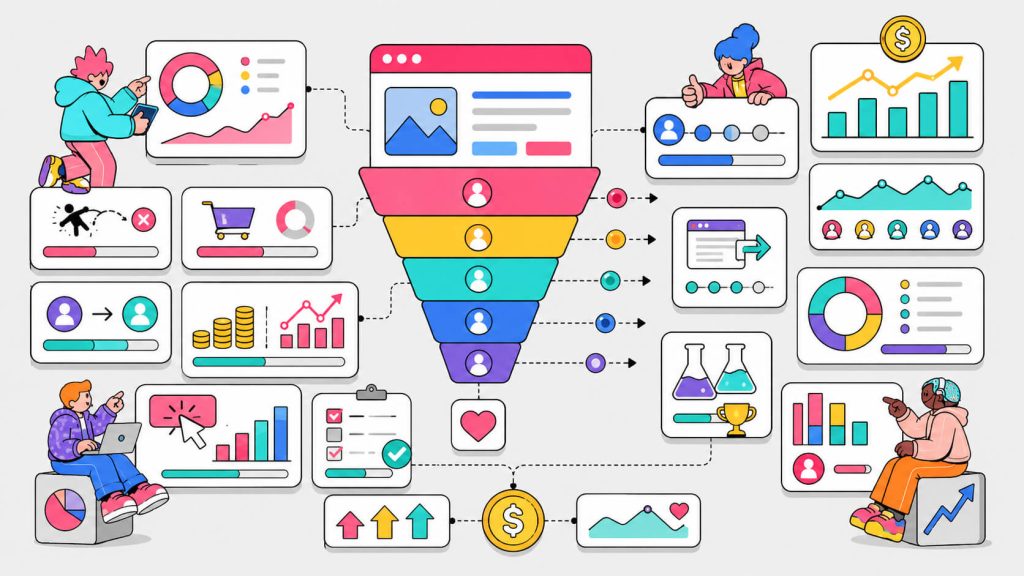 Analytics dashboard visual showing key CRO metrics such as conversion rate, bounce rate, CAC, cart abandonment, AOV, form completion, and exit rate.