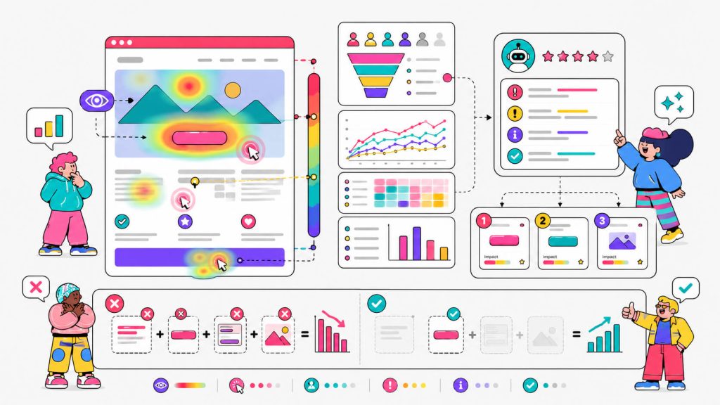 Visual showing landing page analytics, heatmaps, scroll depth, click behavior, drop-off points, and prioritized friction insights before optimization.