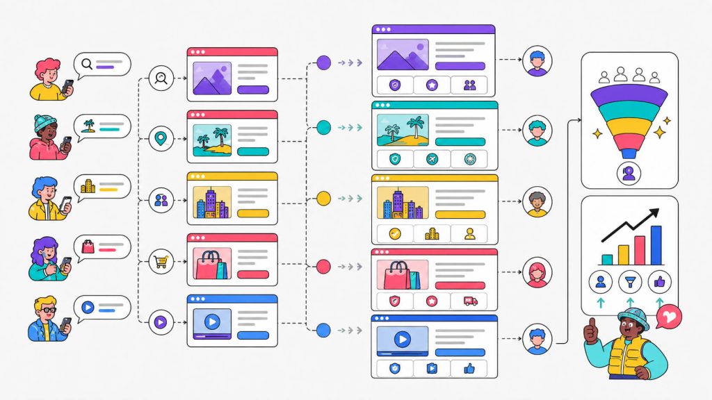 Visual showing ads connected to personalized landing pages with matching headlines, CTAs, audience segments, and search intent signals.