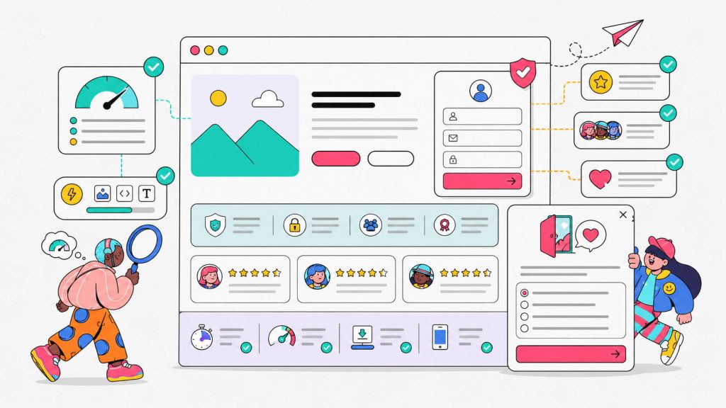 Visual showing landing page trust signals, fast page performance, credibility elements, exit-intent feedback, and conversion optimization.