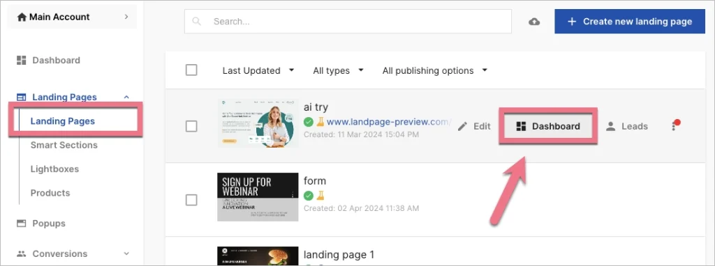 Screenshot of Landingi showing no-code landing page building, A/B testing, Smart Sections, event tracking, and campaign optimization features.