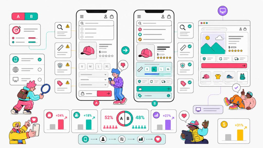 Visual showing mobile-specific website personalization with improved search, trust signals, sizing information, cart flow, and A/B testing.