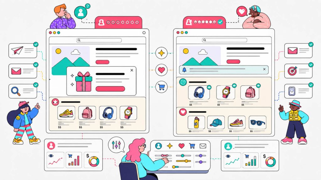 Visual comparing personalized website experiences for first-time and returning visitors with different recommendations, offers, and lead capture formats.