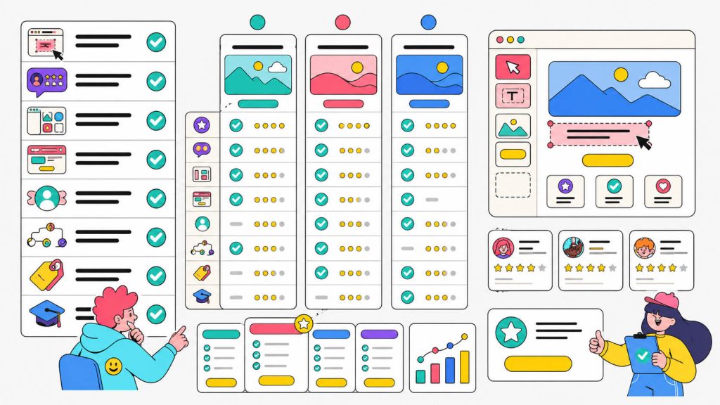 Checklist visual showing how to evaluate no-code A/B testing tools by visual editor quality, reviews, personalization, pricing, and learning curve.