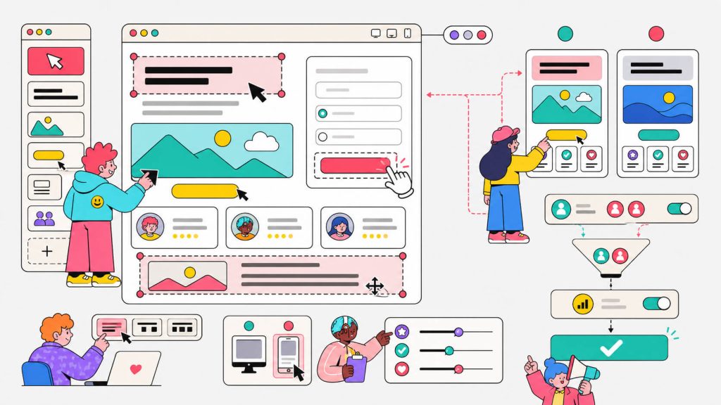 Visual showing a no-code editor for changing landing page headlines, CTAs, forms, layouts, audience rules, and A/B test variants.