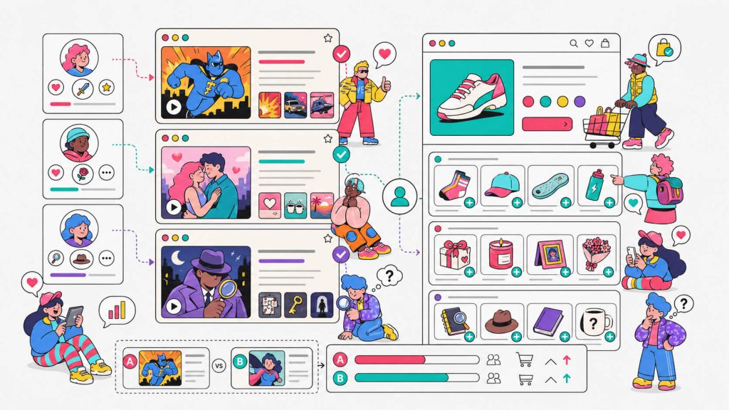 Visual showing personalized artwork and product recommendations based on visitor interests, browsing behavior, purchase history, and audience segments.
