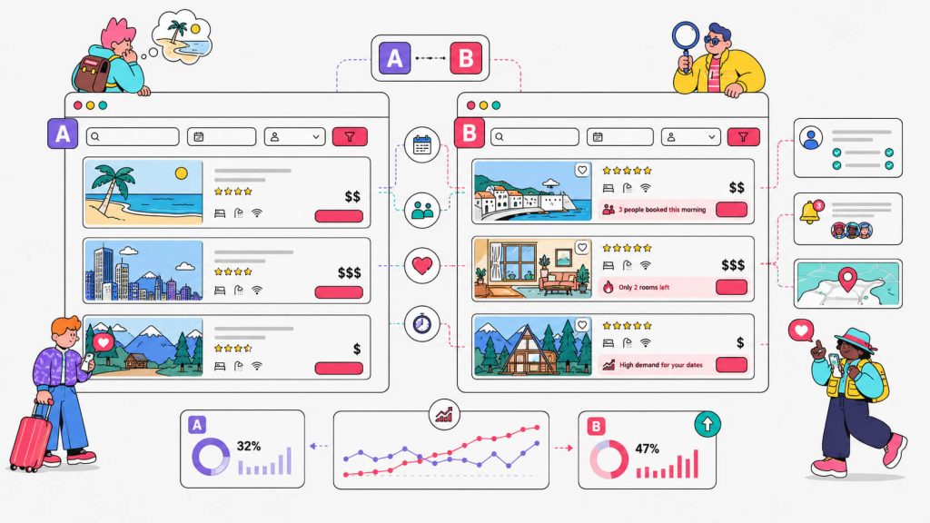 Visual showing dynamic urgency and social proof personalized by availability, demand, dates, listing context, and visitor proximity to booking.