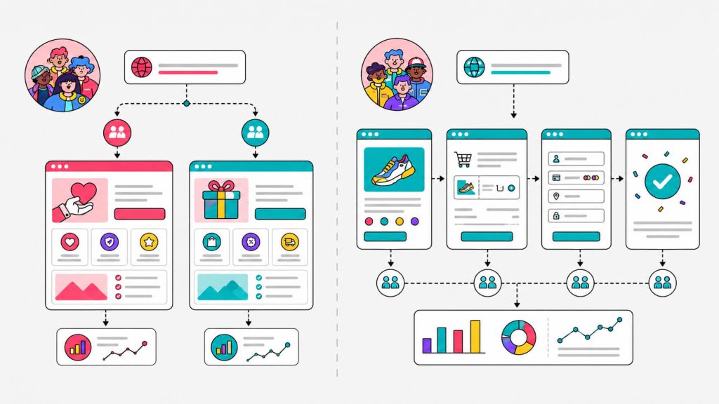 Visual comparing split URL testing for separate page versions with multi-page funnel testing across product, cart, checkout, and conversion steps.