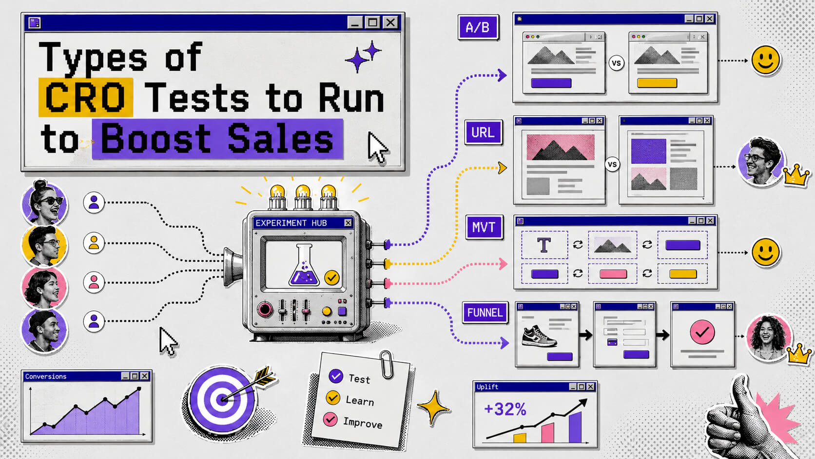 Hero visual showing CRO test types including A/B testing, multivariate testing, split URL testing, funnel testing, analytics, and conversion growth.
