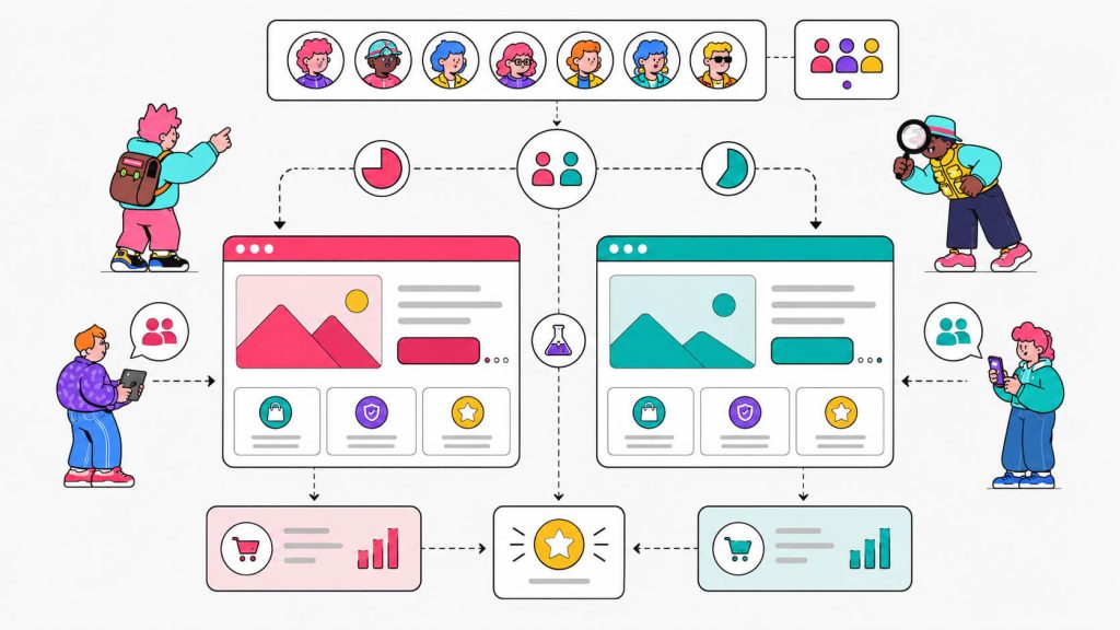 Educational visual explaining A/B testing with a control page, one variant, traffic split, isolated variable, and conversion result comparison.