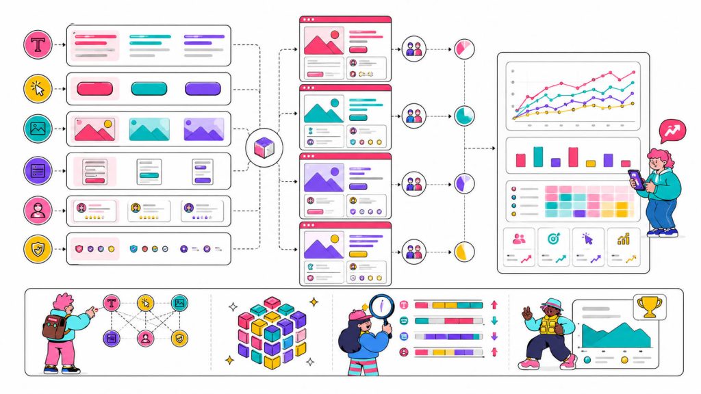 Educational visual explaining multivariate testing with multiple page elements, variant combinations, traffic distribution, and interaction effects.