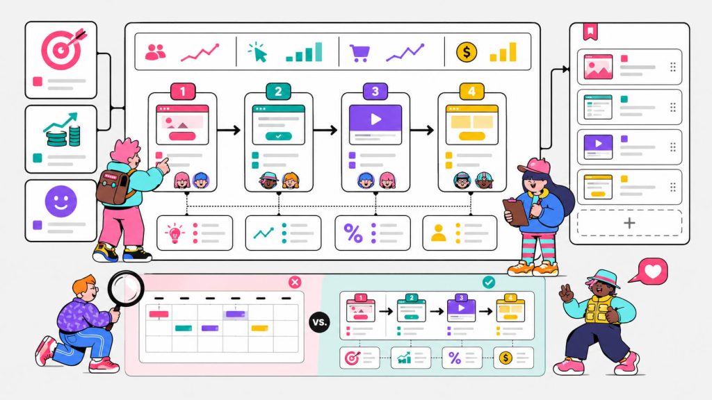 Educational visual explaining a CRO roadmap as a prioritized plan of experiments connected to business goals, hypotheses, metrics, and test sequencing.