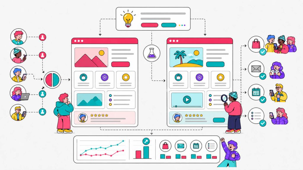 Educational visual explaining a CRO test as a controlled experiment with hypotheses, variants, traffic splits, and conversion goals.
