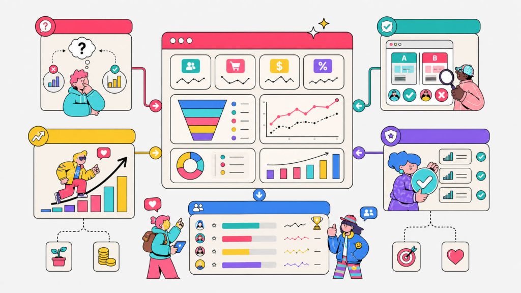 Framework visual showing how CRO metrics reduce guesswork, validate decisions, compound growth, protect working funnels, and align teams around performance.