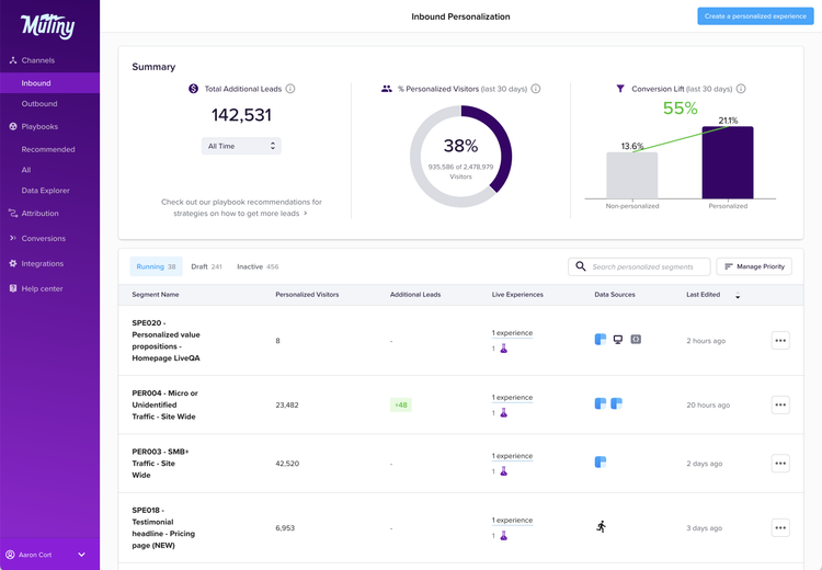 Screenshot of Mutiny showing account-based website personalization, audience segments, tailored landing pages, AI recommendations, and conversion impact.