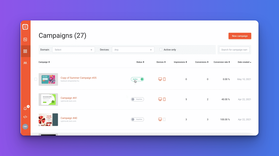 Dashboard screenshot of OptiMonk showing behavioral targeting, personalized popups, product recommendations, audience segments, and A/B testing.