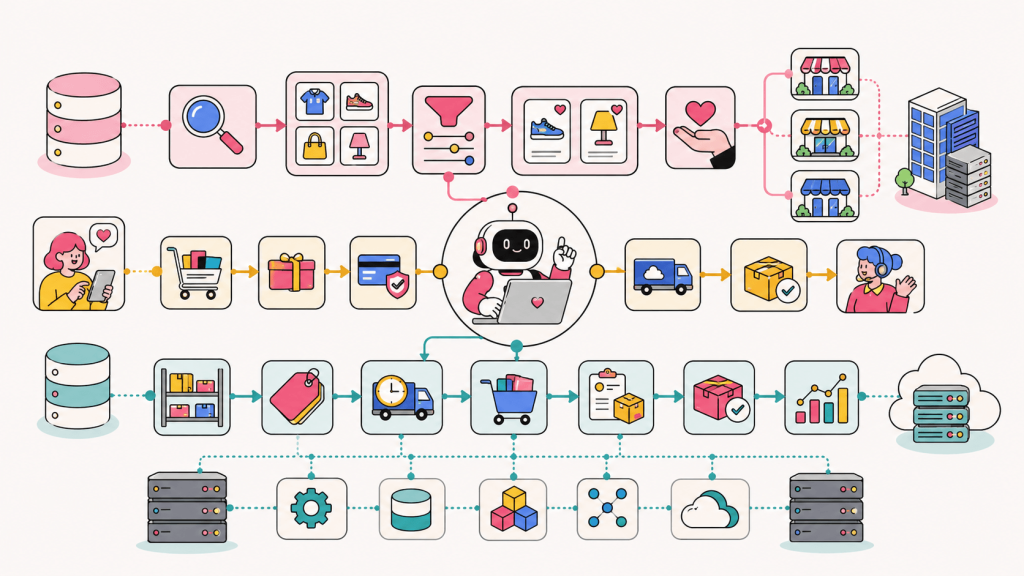 Architecture visual showing agentic commerce protocols connecting AI agents with product discovery, checkout, live inventory, pricing, and merchant systems.