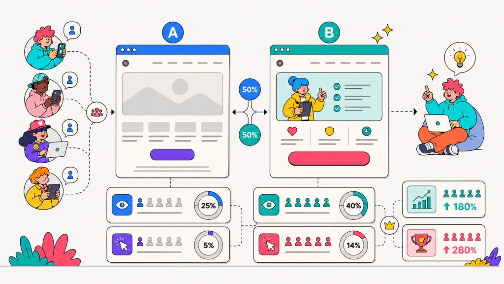 Visual showing A/B tests for headlines, CTA hierarchy, button copy, placement, and above-the-fold conversion performance.