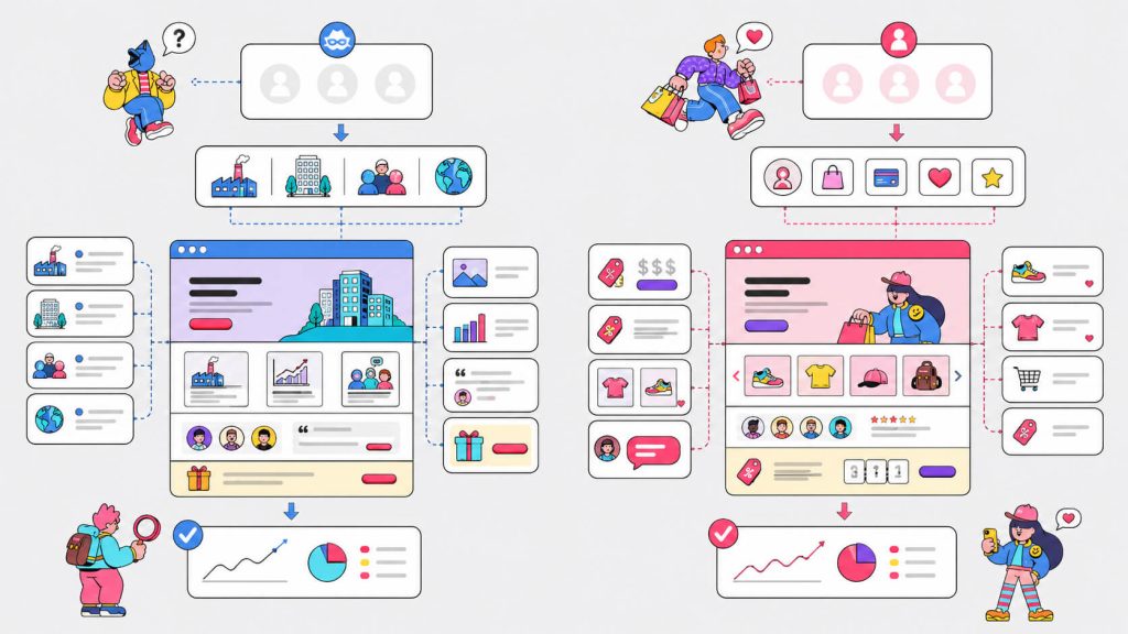 Visual showing account-based and returning customer personalization with tailored messaging, case studies, pricing, offers, and website experiences.